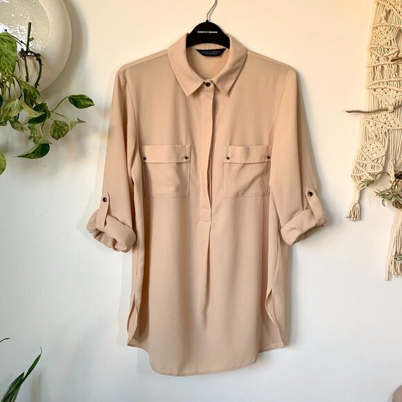 Dorothry Perkins Beige Collar ¾ Length Sleeve Blouse Corpcore Siren Minimalist - Picture 2 of 14